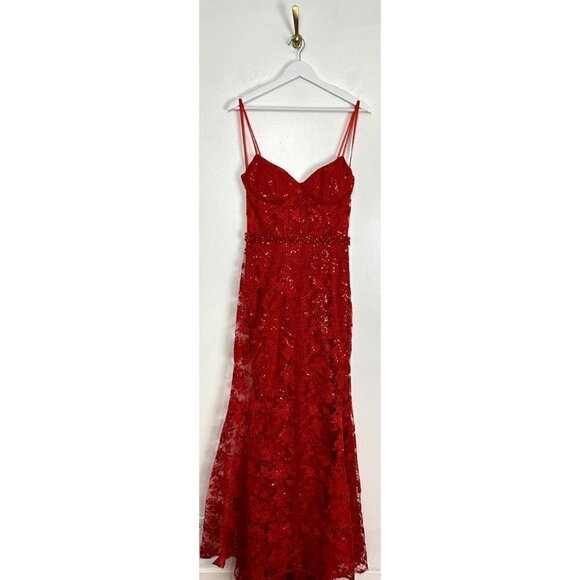 MAC DUGGAL Embroidered Illusion Bodice Sleeveless Trumpet Gown in Red Size US 4 - Picture 2 of 8